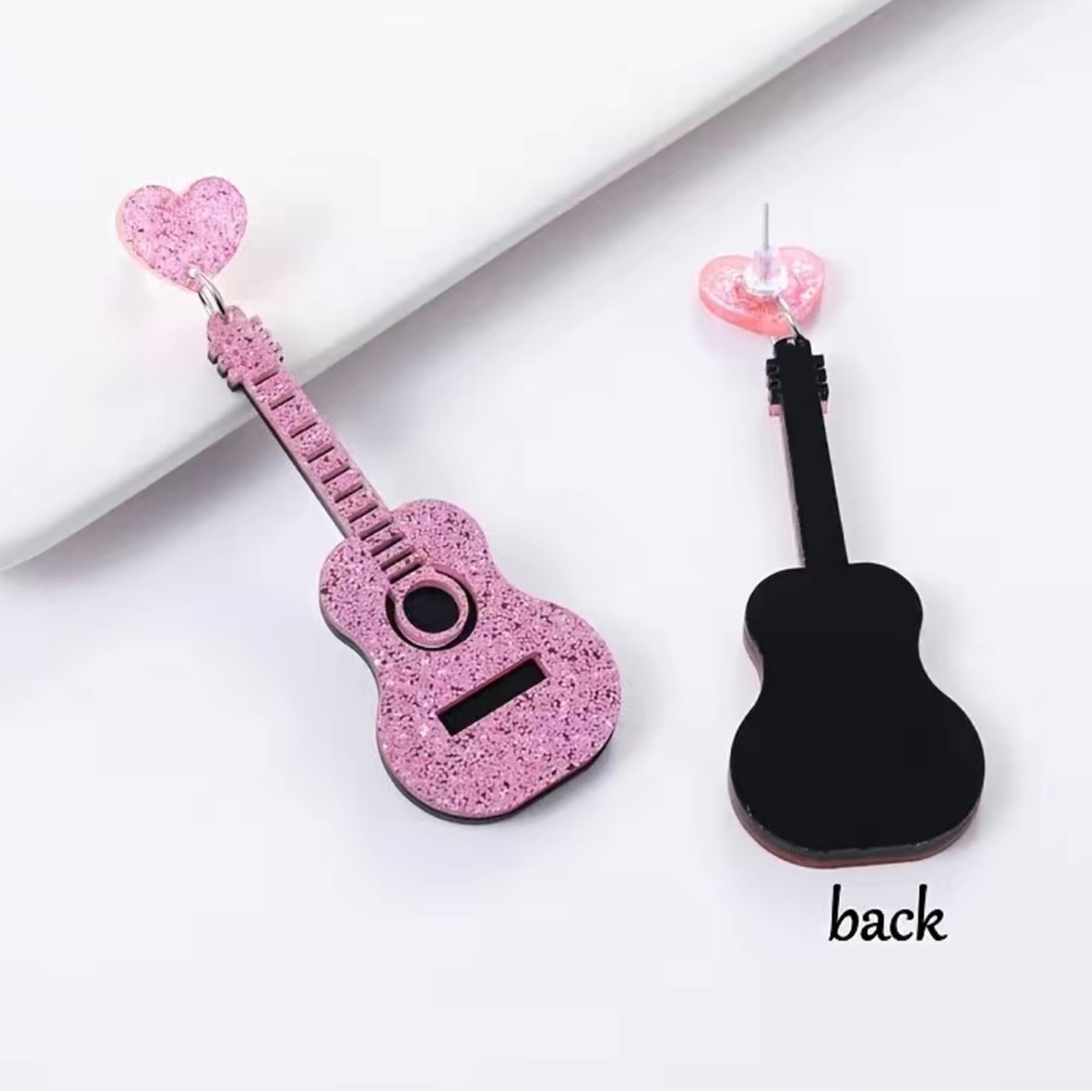 Sparkle with style: Pink guitar glitter acrylic earrings - Picture 3 of 13